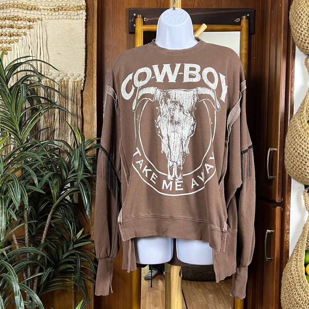 Cowboy Graphic Fringe Sweatshirt - Brown